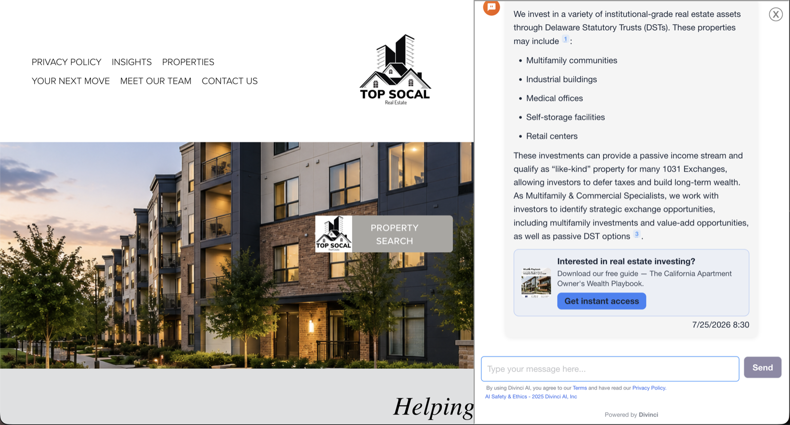 A Chat CTA card rendered inline beneath an assistant reply about Delaware Statutory Trusts, offering a free apartment-owner wealth playbook